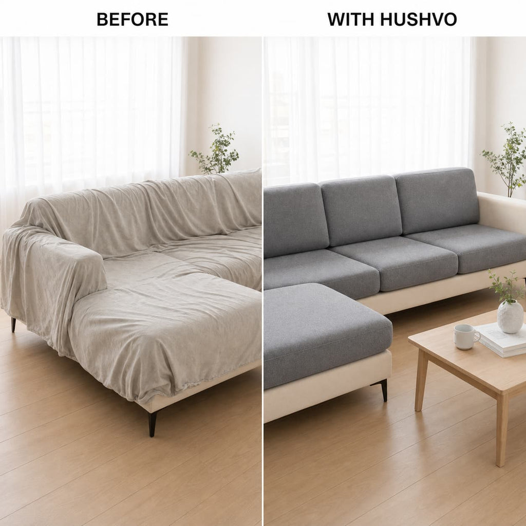 Before and after comparison with fitted Hushvo cushion covers
